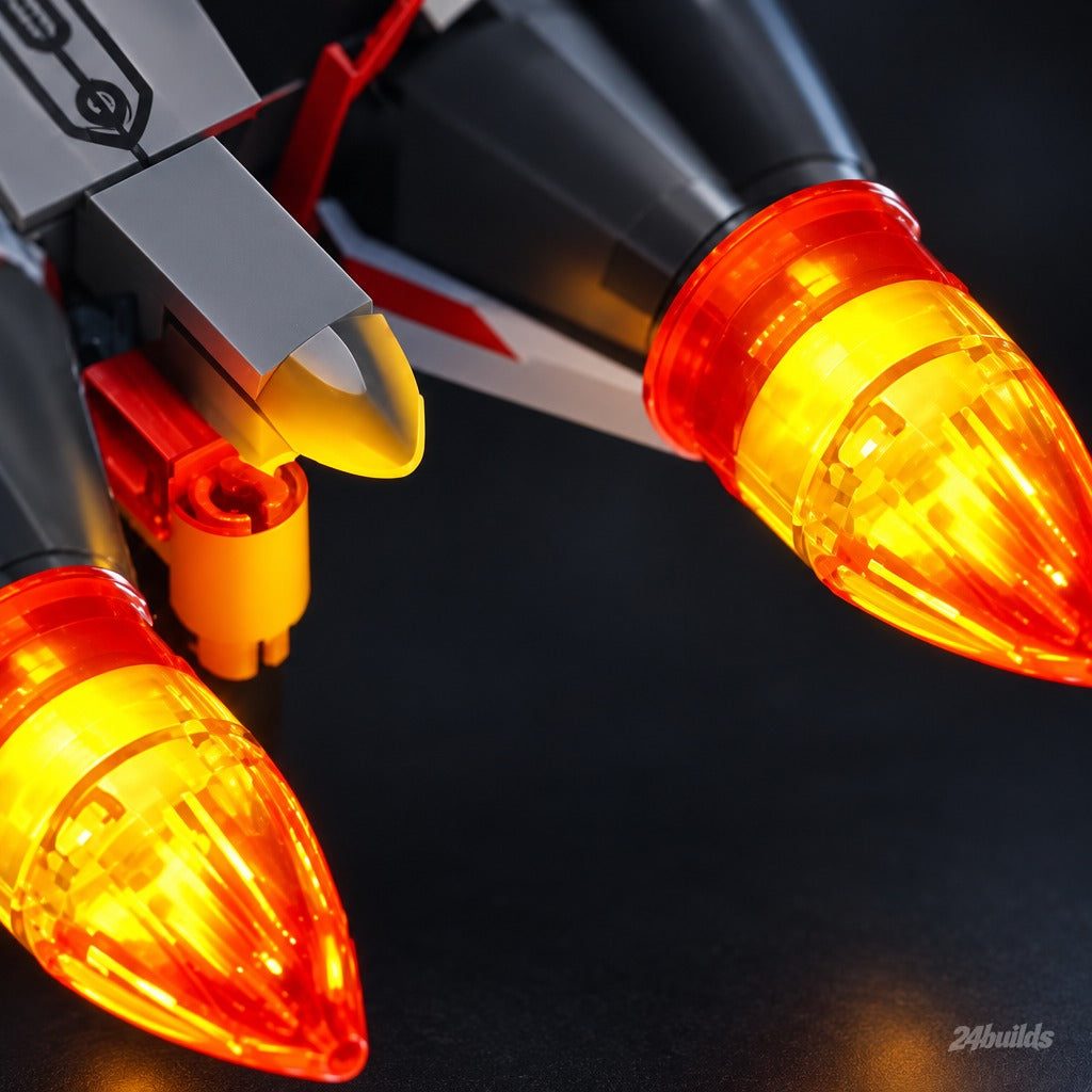 Transparent J-35 Fighter Jet brick model, lit afterburner nozzles