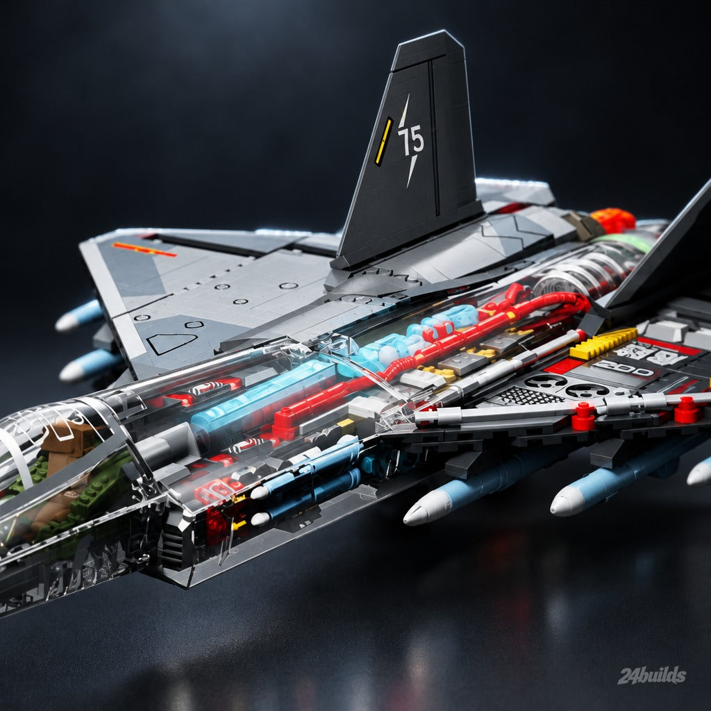 Transparent J-35 Fighter Jet brick model, transparent fuselage with internal tubing