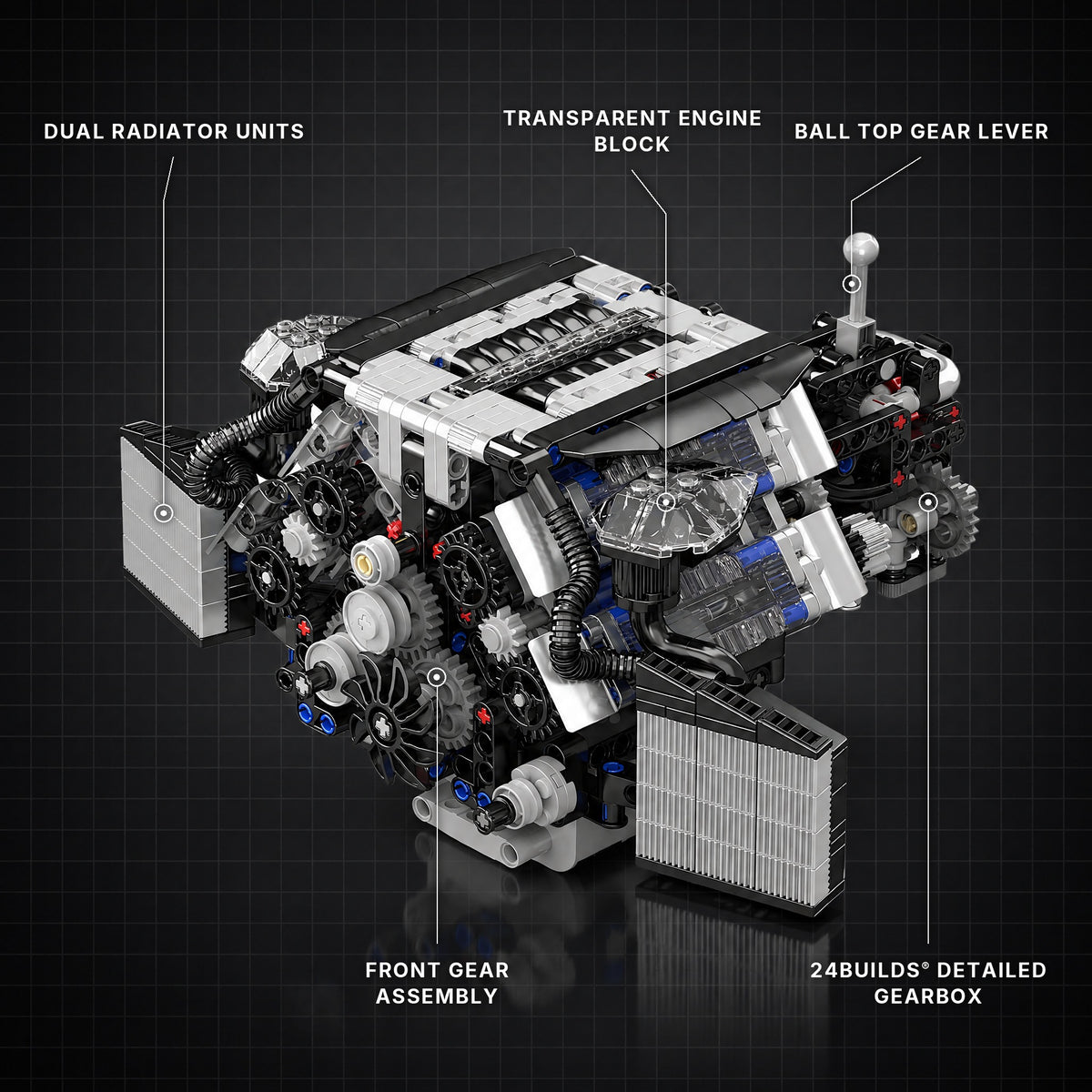 German Twin-Turbo W12 Engine brick model with its key features labelled