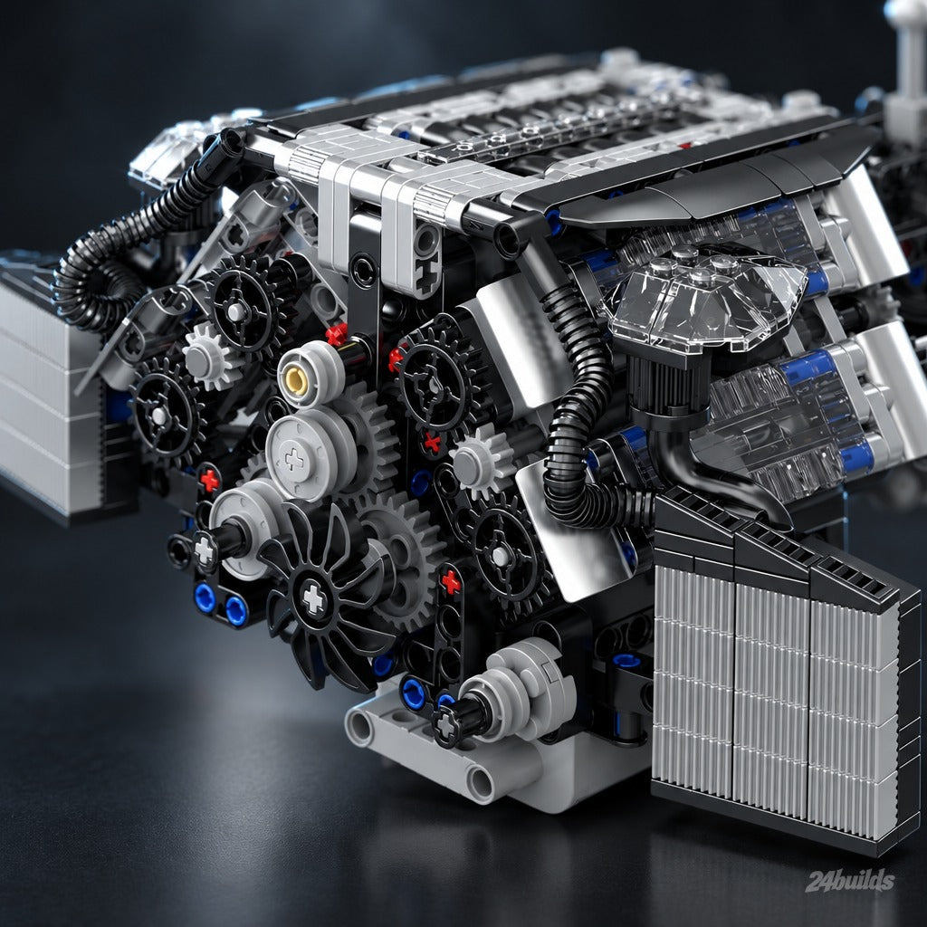German Twin-Turbo W12 Engine brick model, front gear assembly close-up