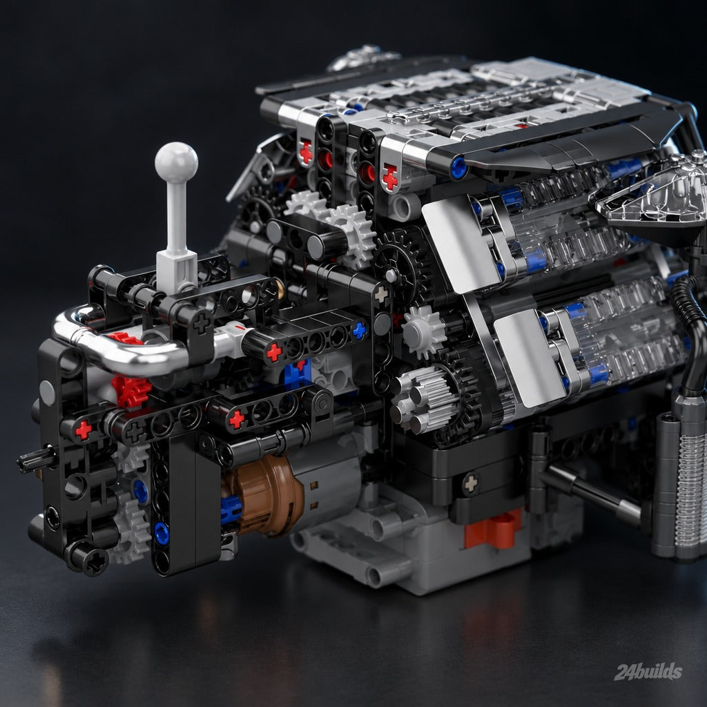 German Twin-Turbo W12 Engine brick model, gearbox and gear lever