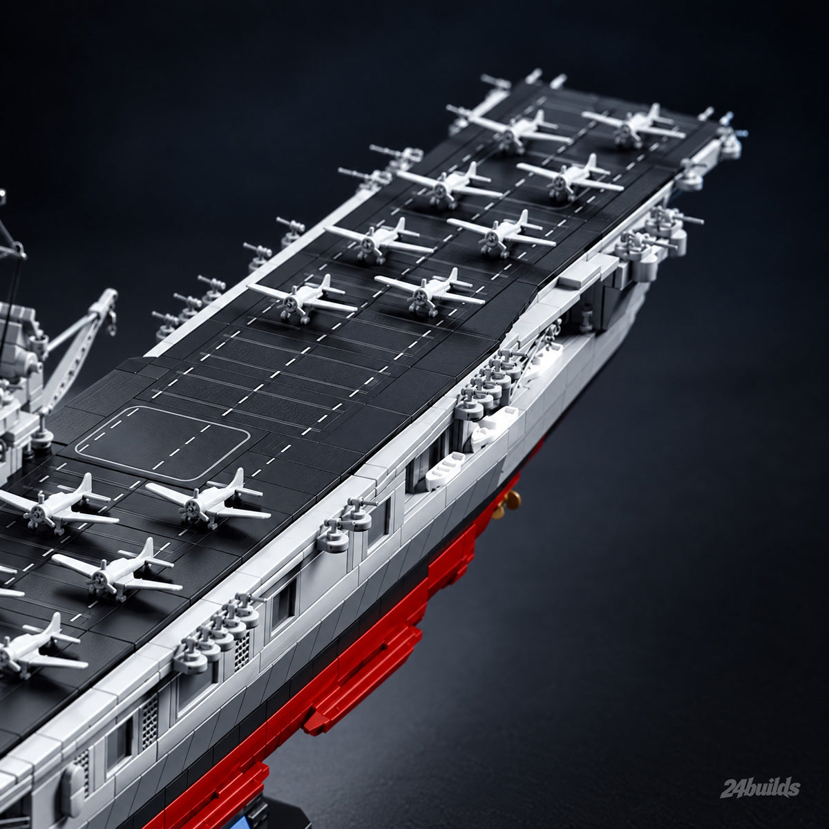 USS Enterprise CV-6 Aircraft Carrier brick model, carrier aircraft parked on the flight deck