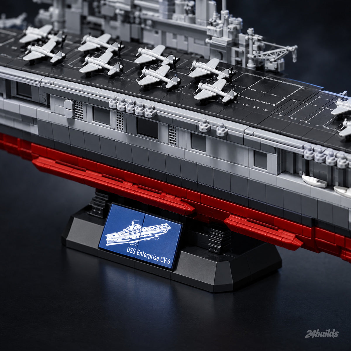 USS Enterprise CV-6 Aircraft Carrier brick model, display pedestal and red lower hull