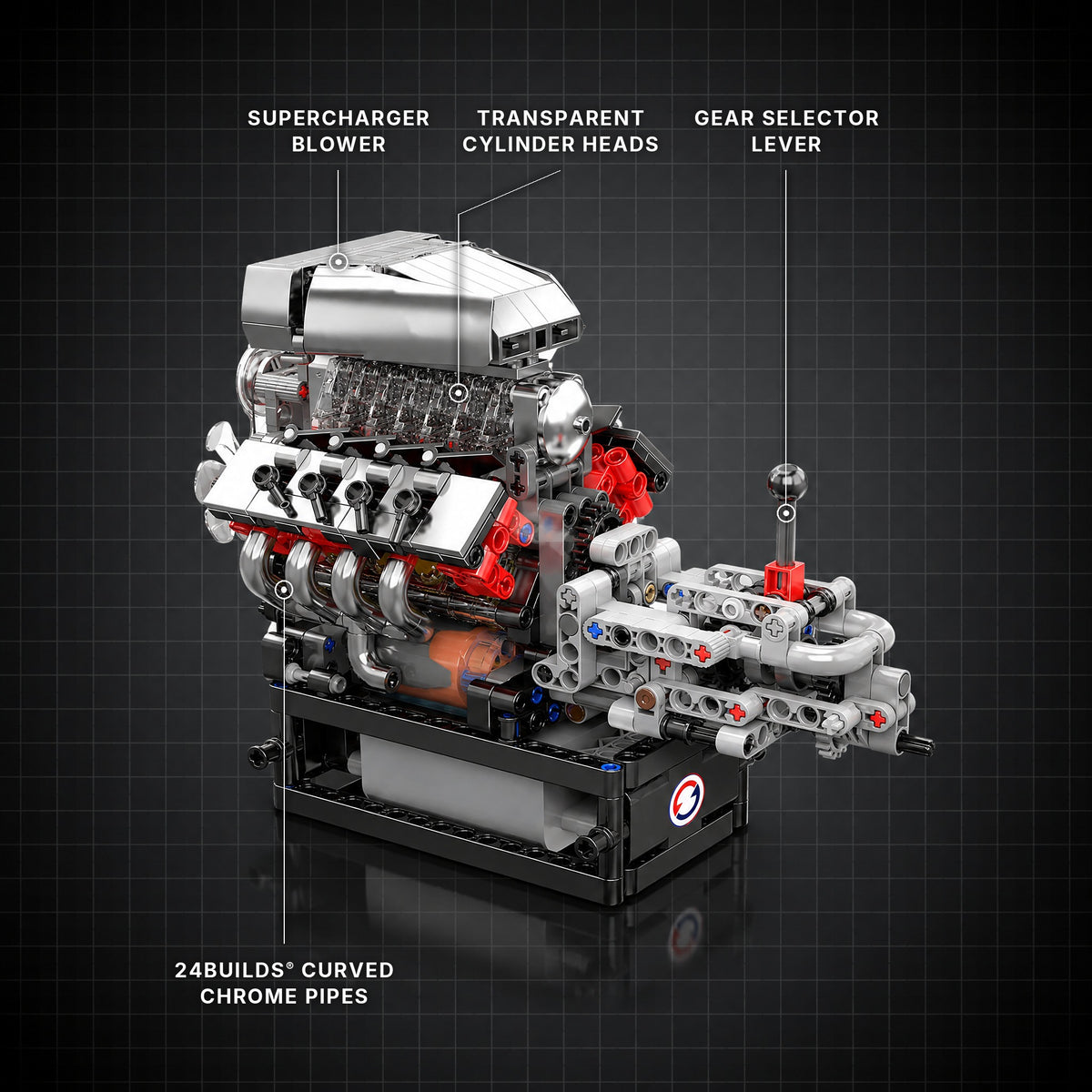 V8 Supercharger Engine brick model with its key features labelled
