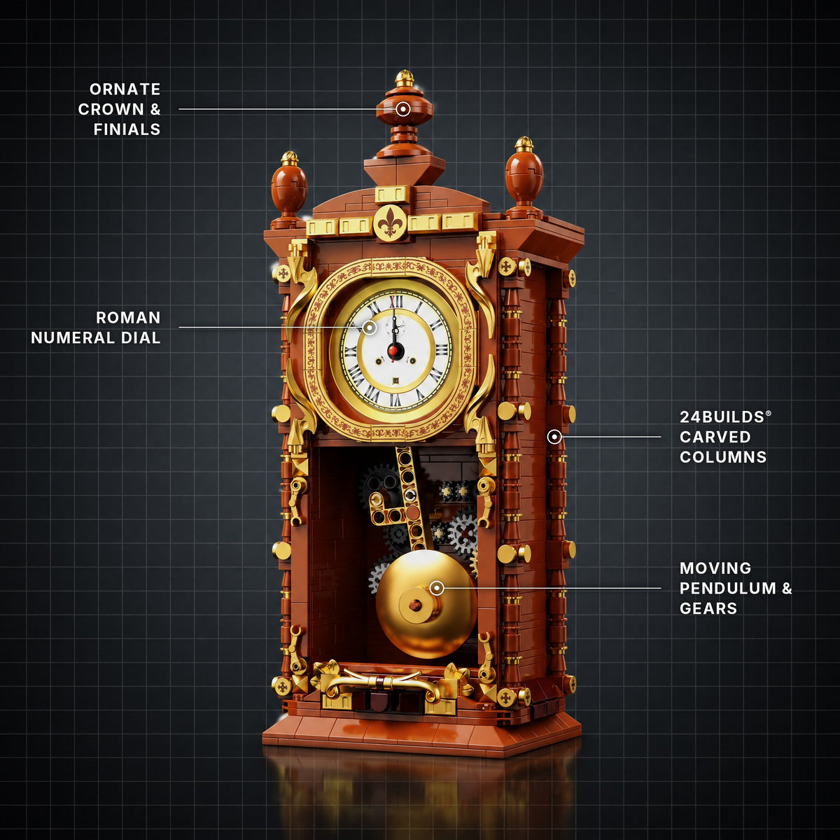 Vintage Clock brick model with its key features labelled