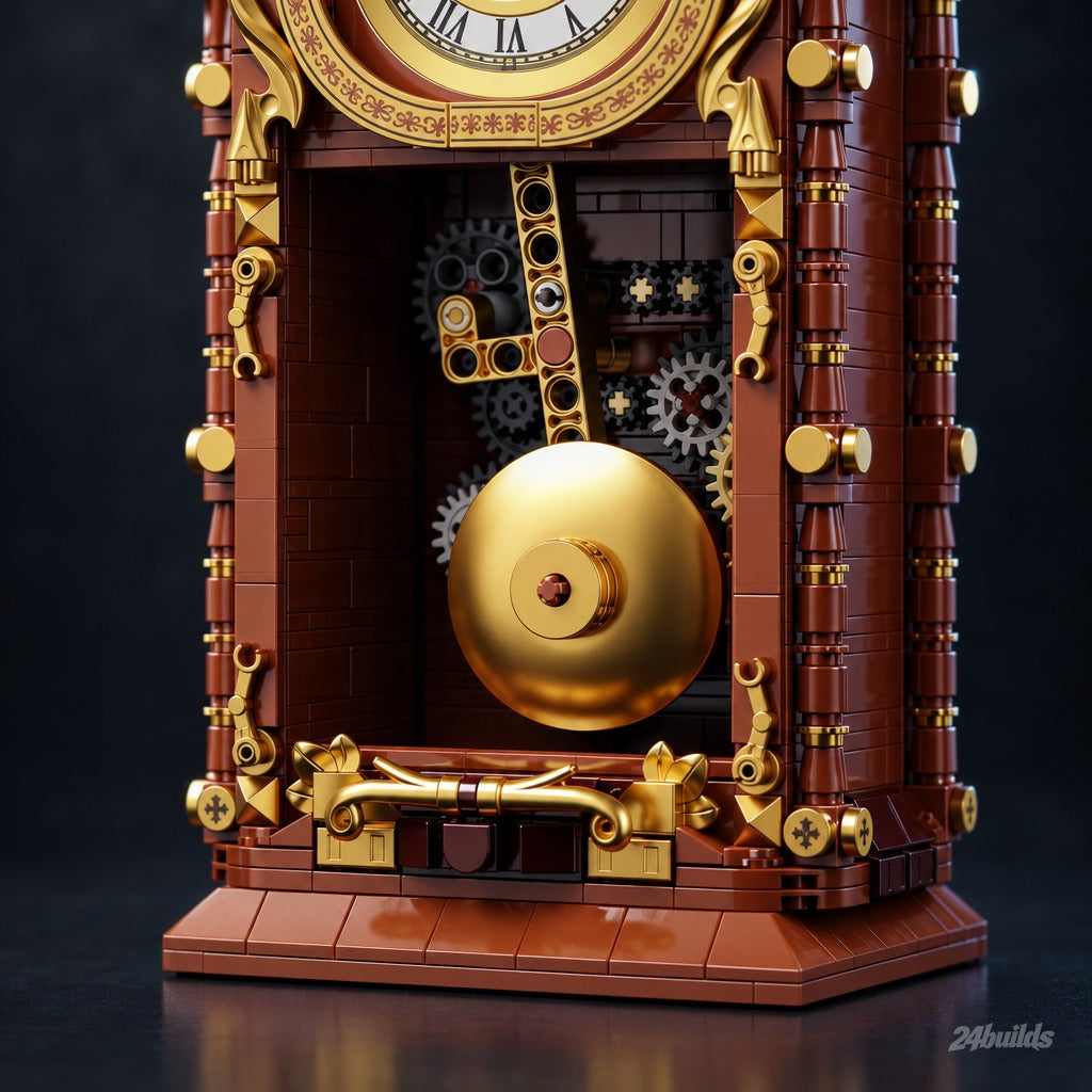 Vintage Clock brick model, pendulum and gears close-up