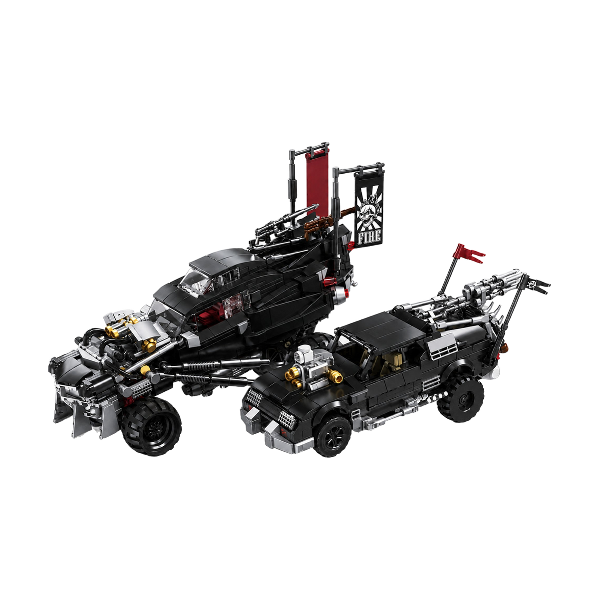 A muscle car chased by a monster rig