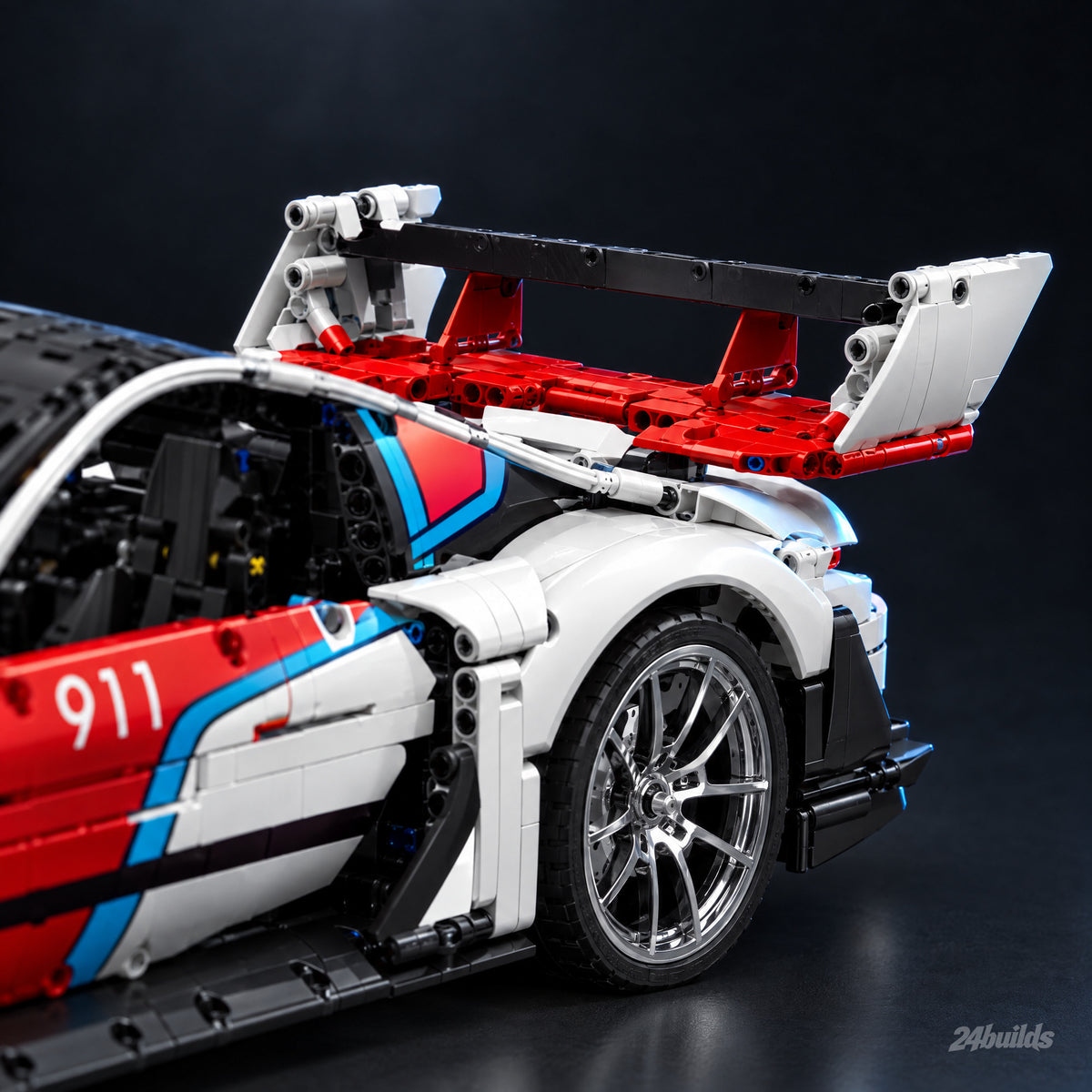 White Edition German Flat-Six GT3 Racer brick model, swan-neck rear wing close-up