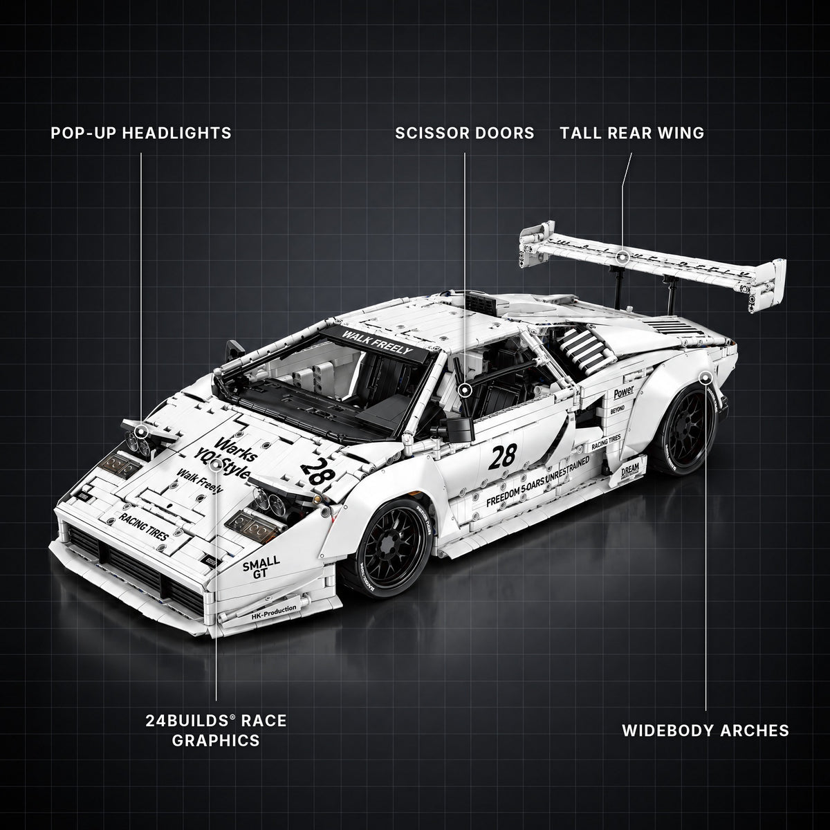 White Edition Italian Bull Widebody Classic brick model with its key features labelled