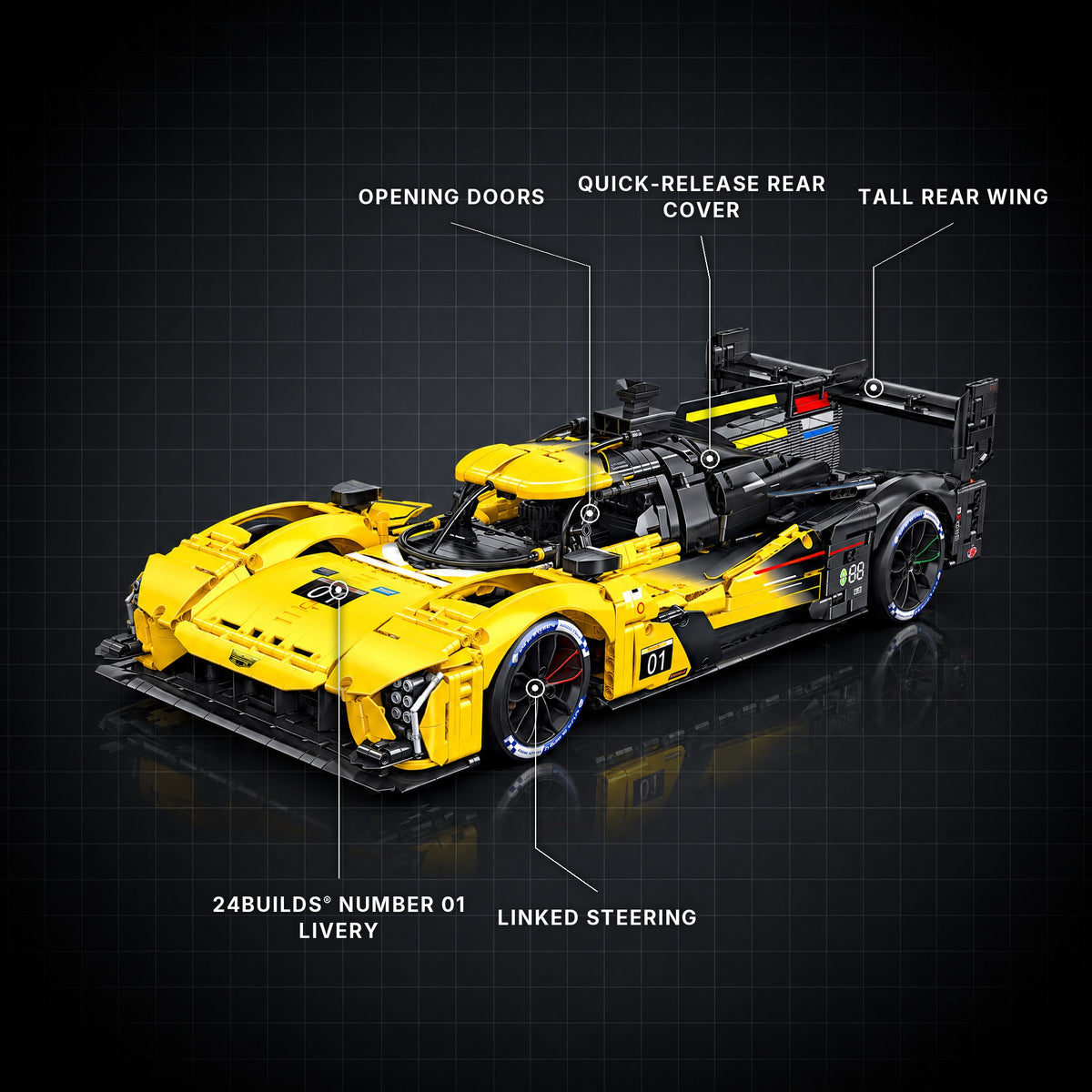 Yellow Edition American V8 Endurance Hypercar brick model with its key features labelled