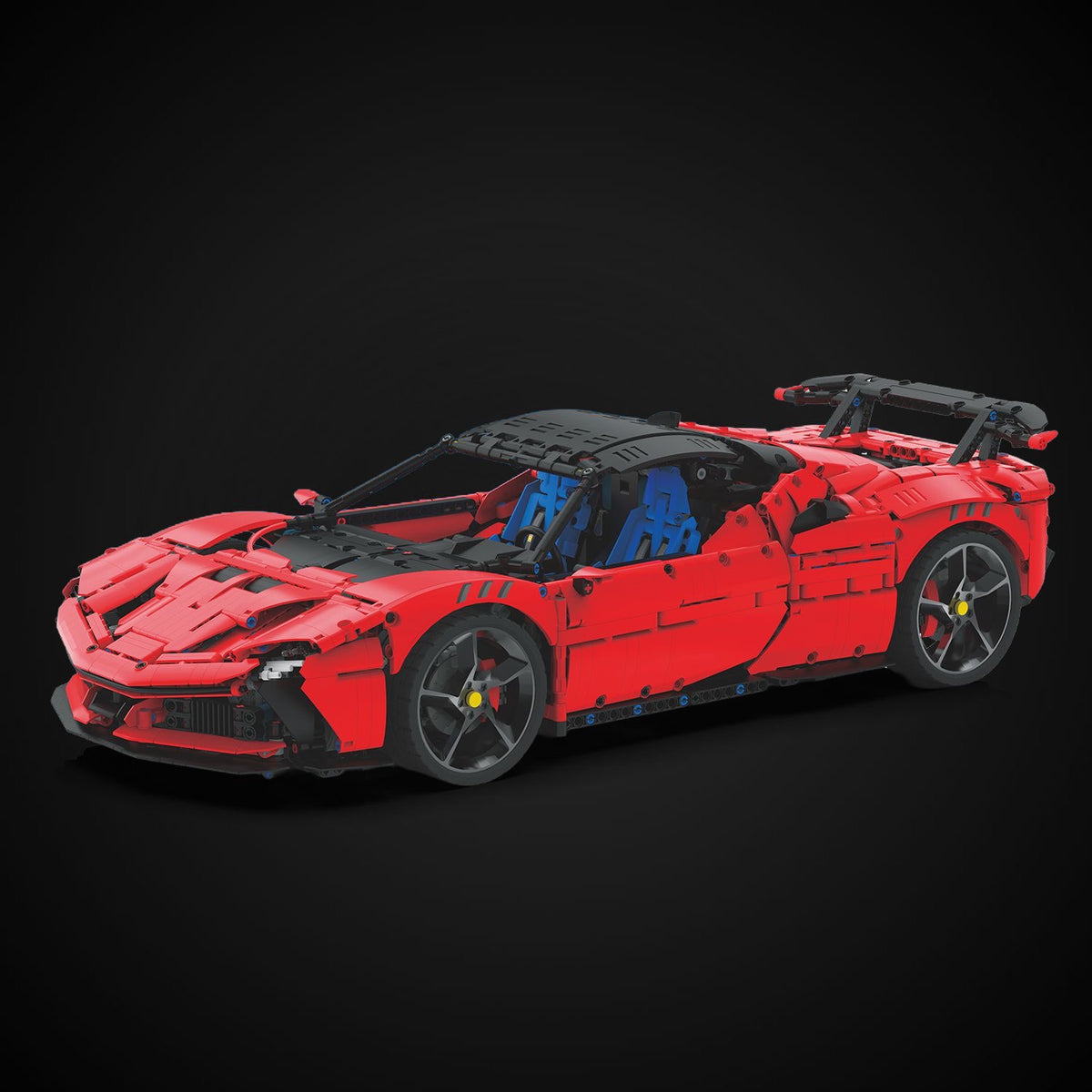 Red bodywork over a detailed hybrid engine bay