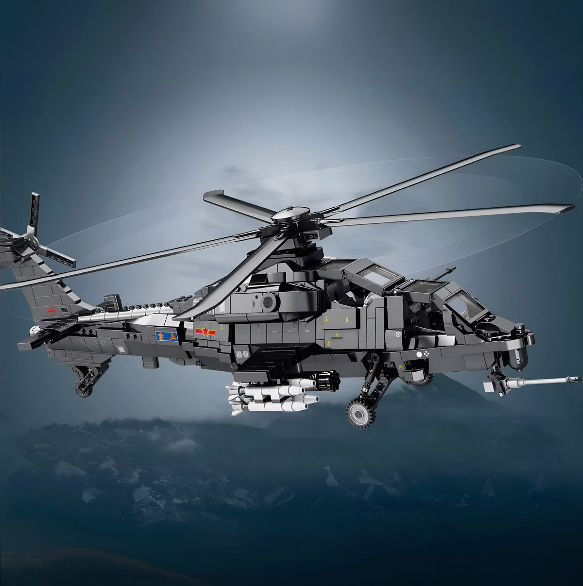 An attack helicopter armed with eight missiles