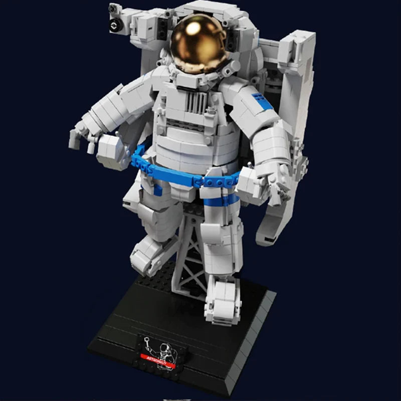 A posable astronaut on its own stand