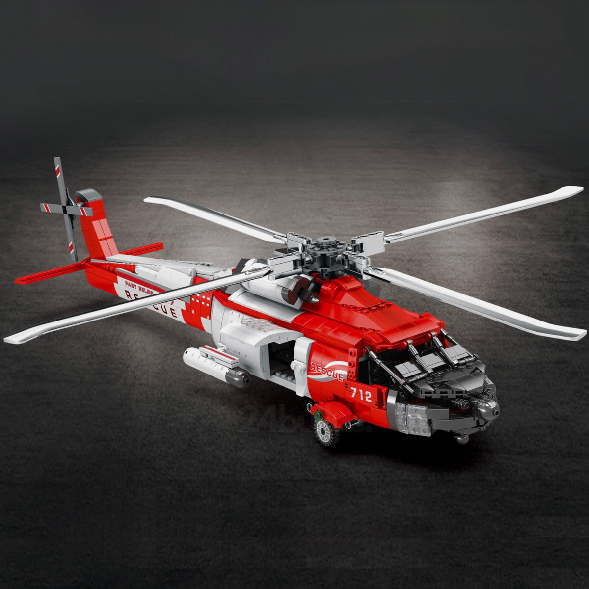 A rescue hoist, basket and a rotor that turns
