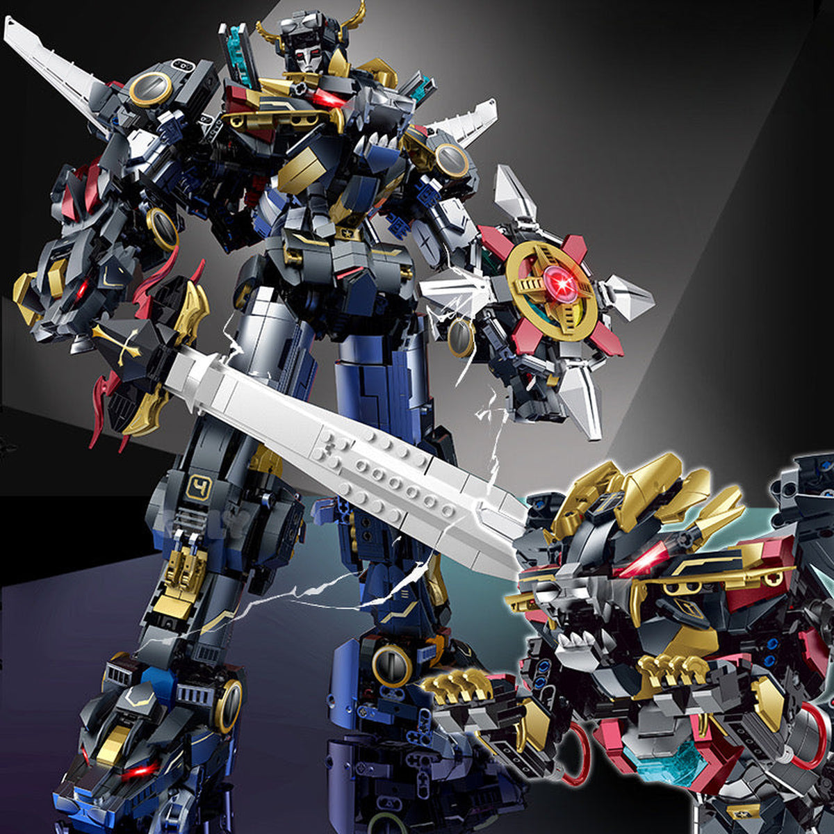 Ironclad Rex Lion Mech brick model with its sword and a lion