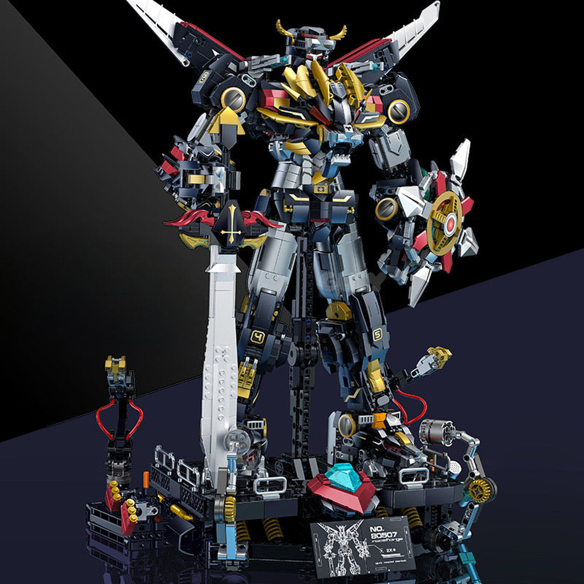 Ironclad Rex Lion Mech brick model on its display base