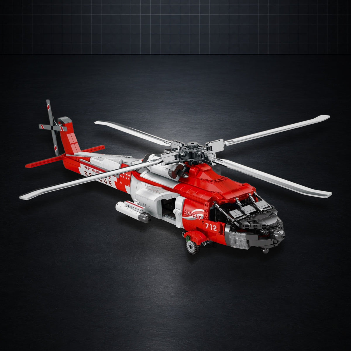 HH-60J Rescue Helicopter brick model on a dark studio floor