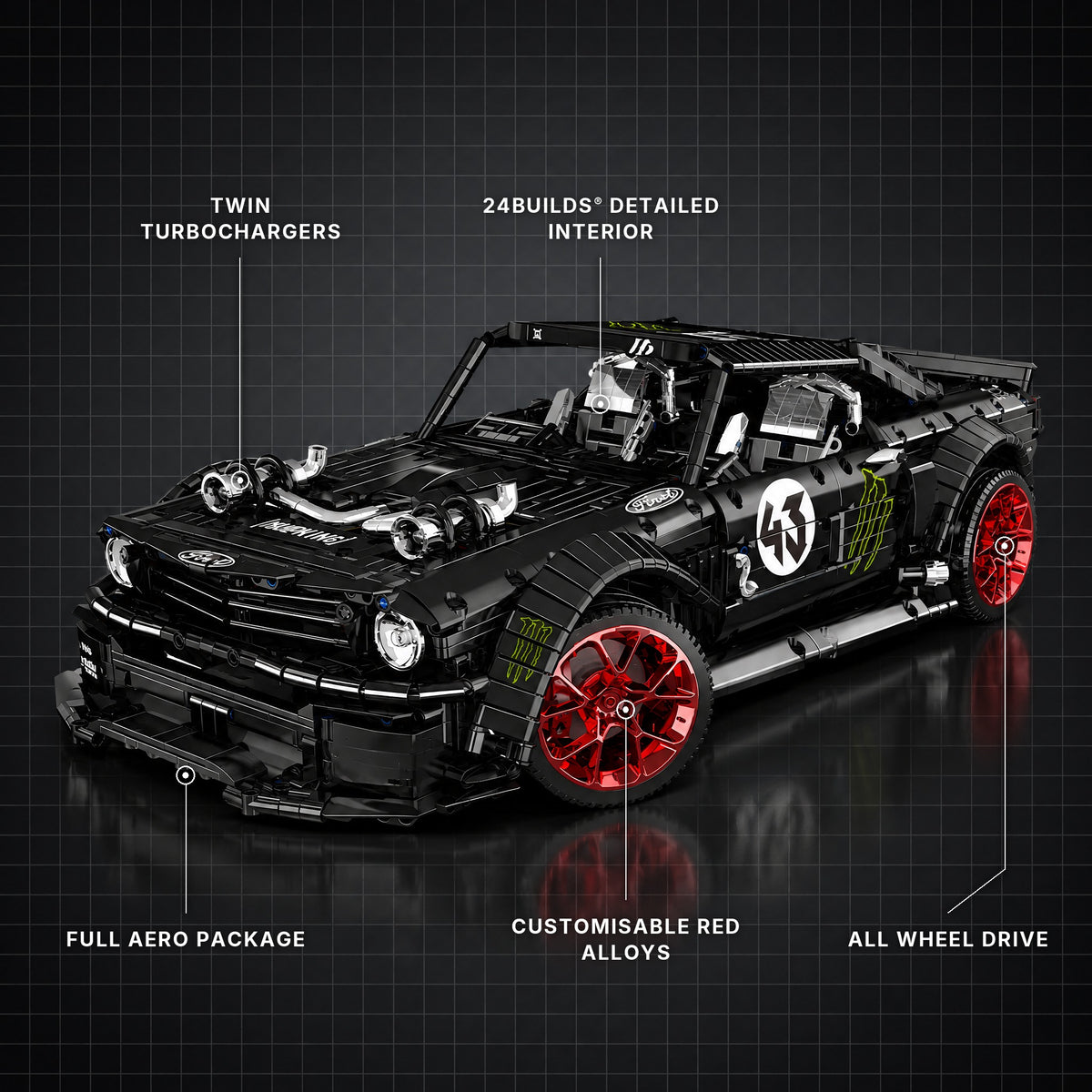 1,400HP American AWD Custom Racer brick model with its key features labelled