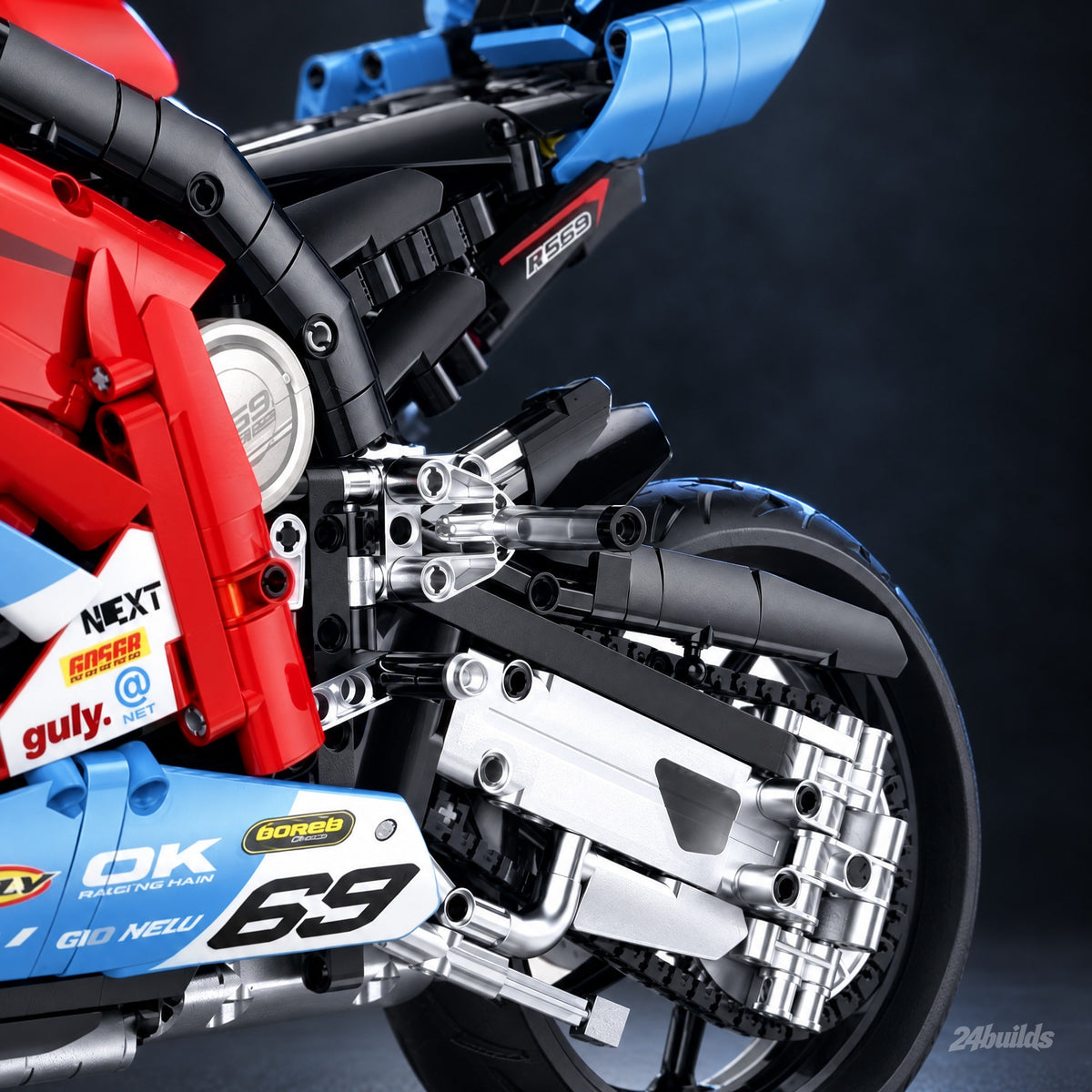 820RR Racing Superbike brick model, swingarm and rear wheel close-up