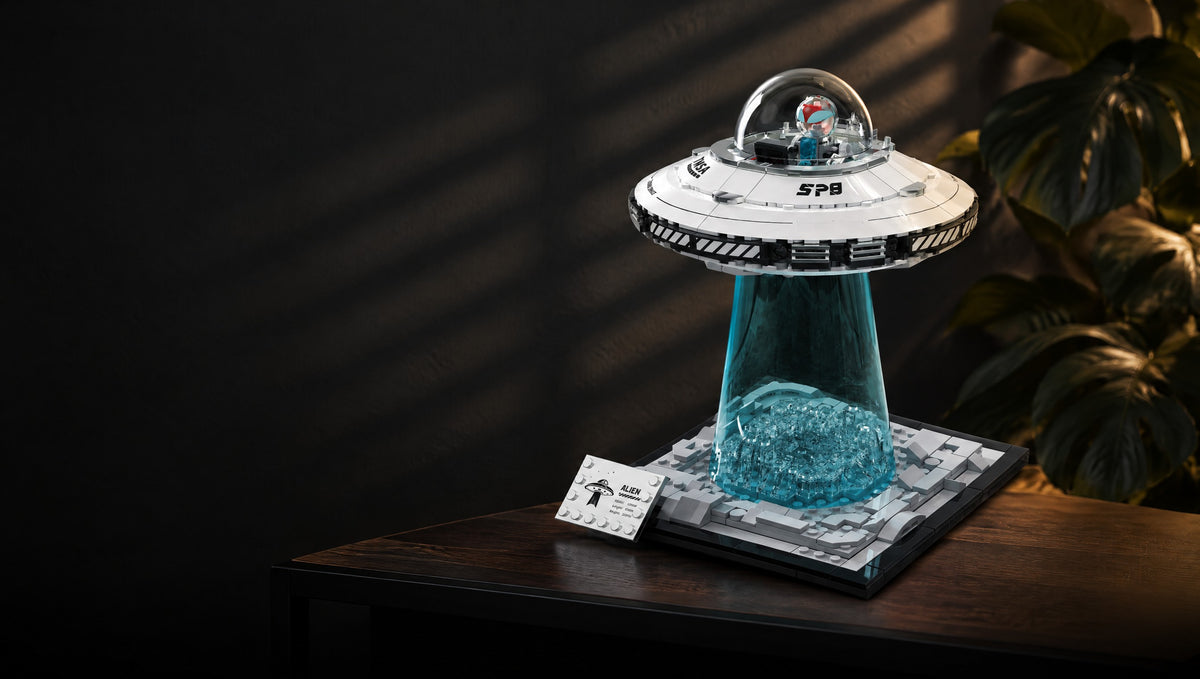 A flying saucer hovers on a beam of light