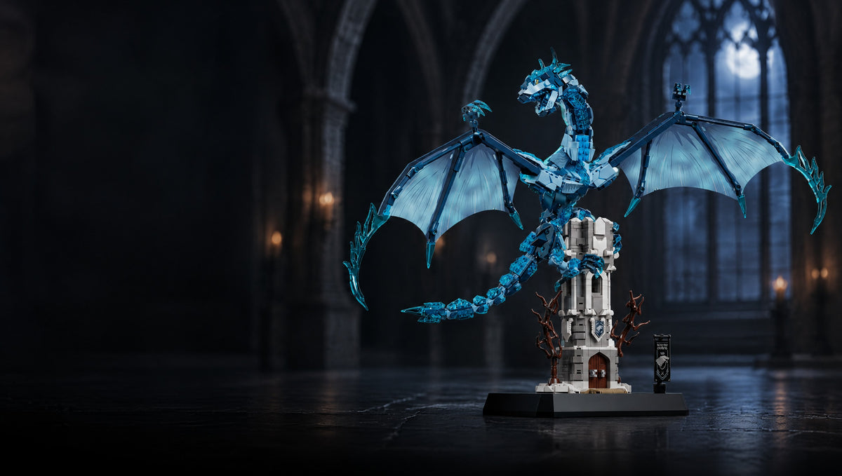 Wings spread wide over a stone tower