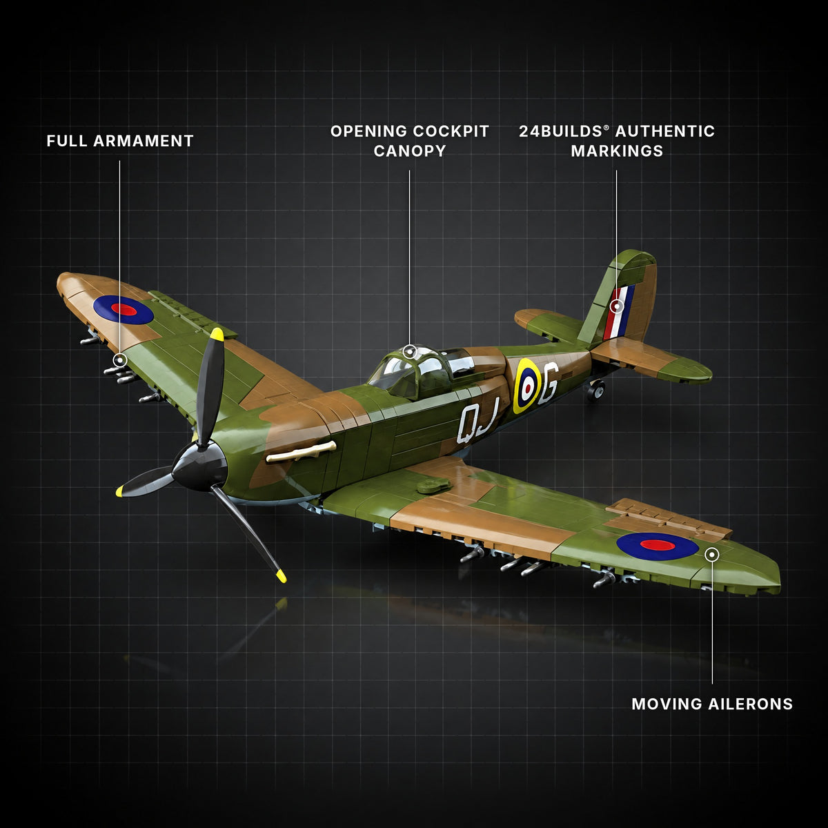 British Spitfire key features: opening cockpit canopy, moving ailerons, full armament, authentic markings