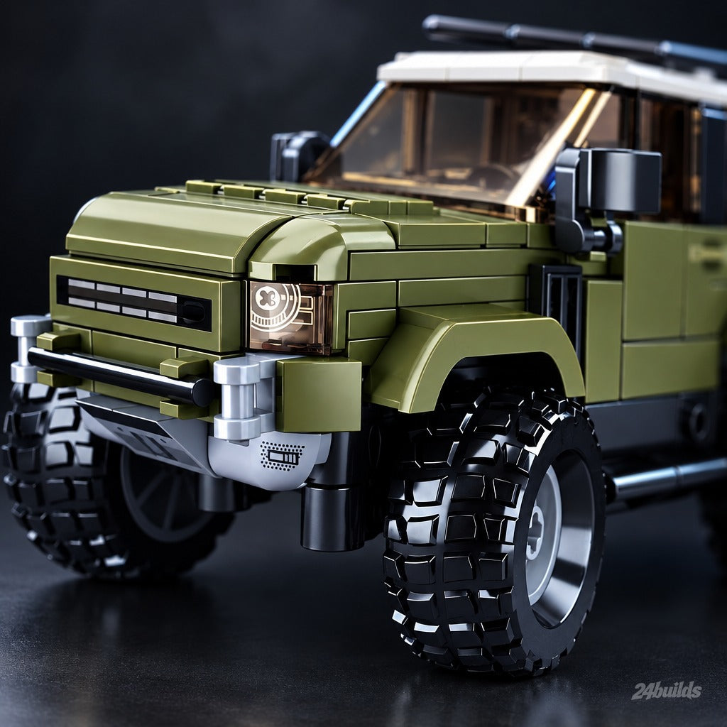 Classic British Off-Roader brick model, bull bar and round headlights