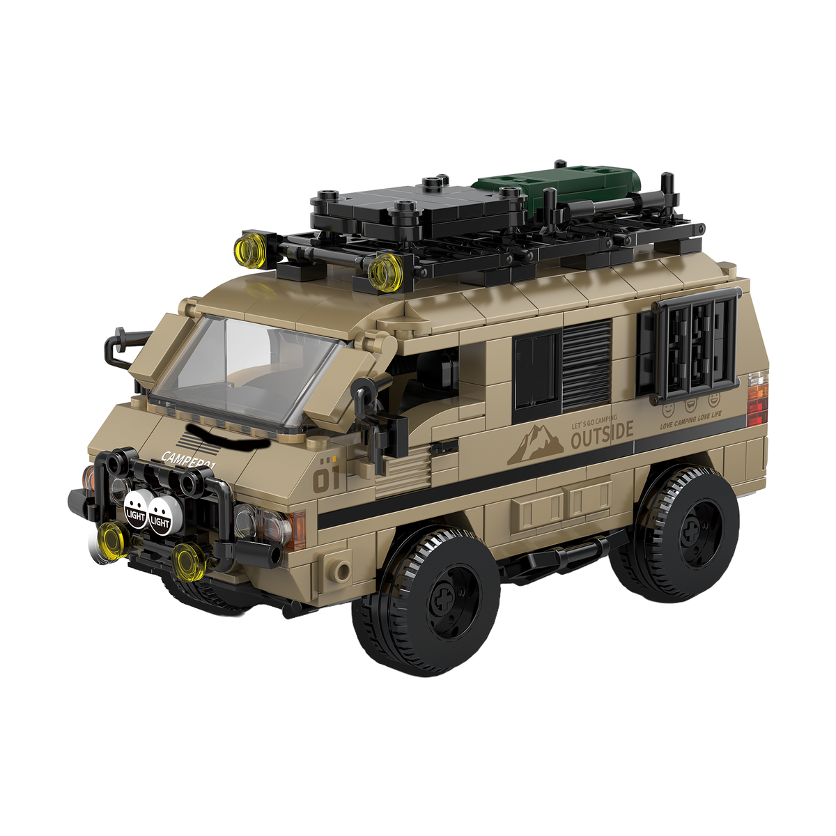A beige camper with its own container stand