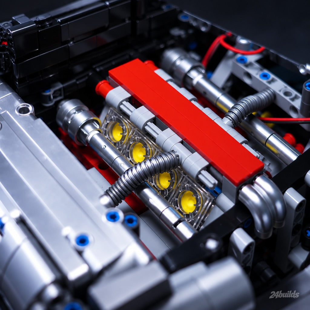 Collector's Edition British V8 Off-Roader brick model, V8 engine bay close-up