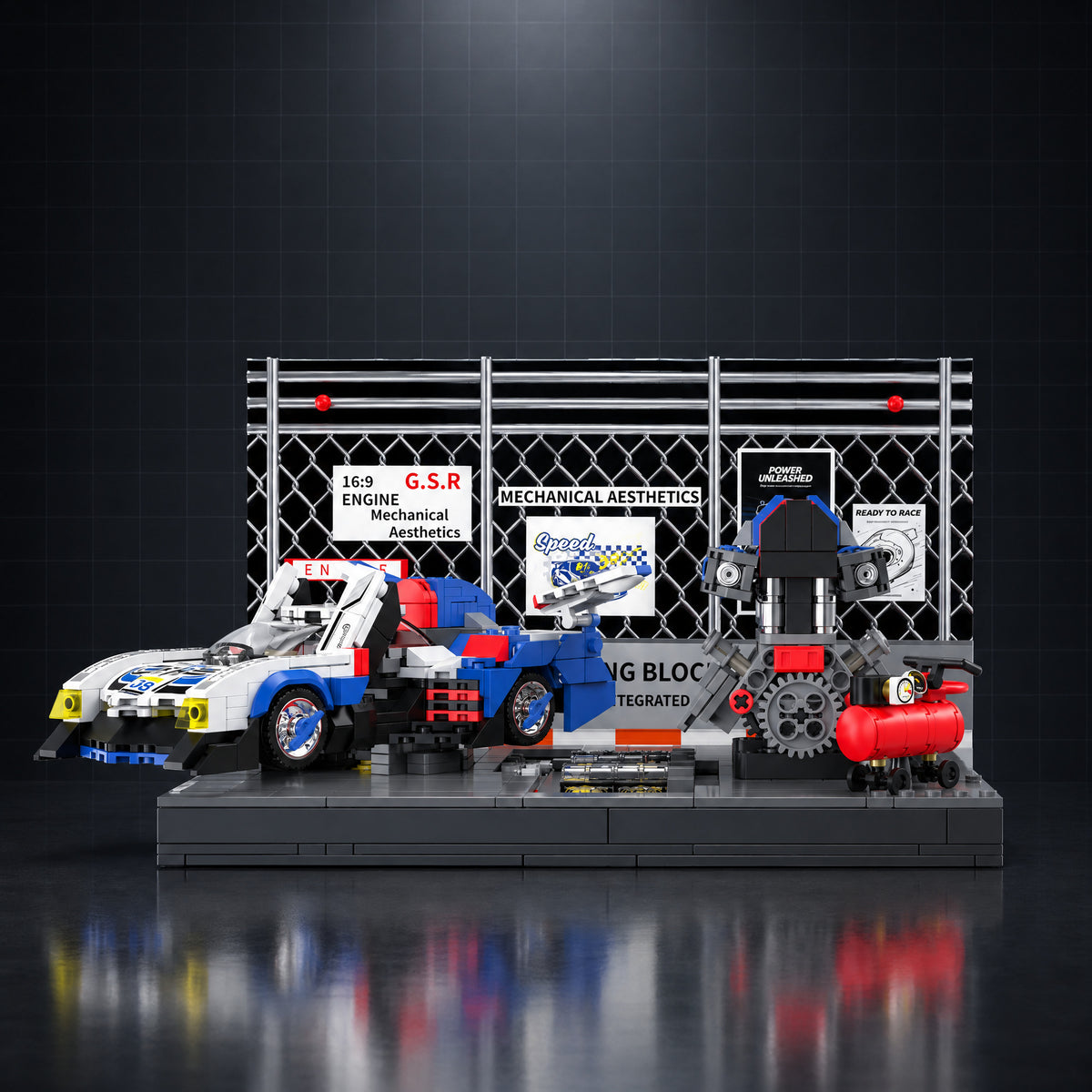 Cyber Racer Tuning Garage brick model, front view, dark studio