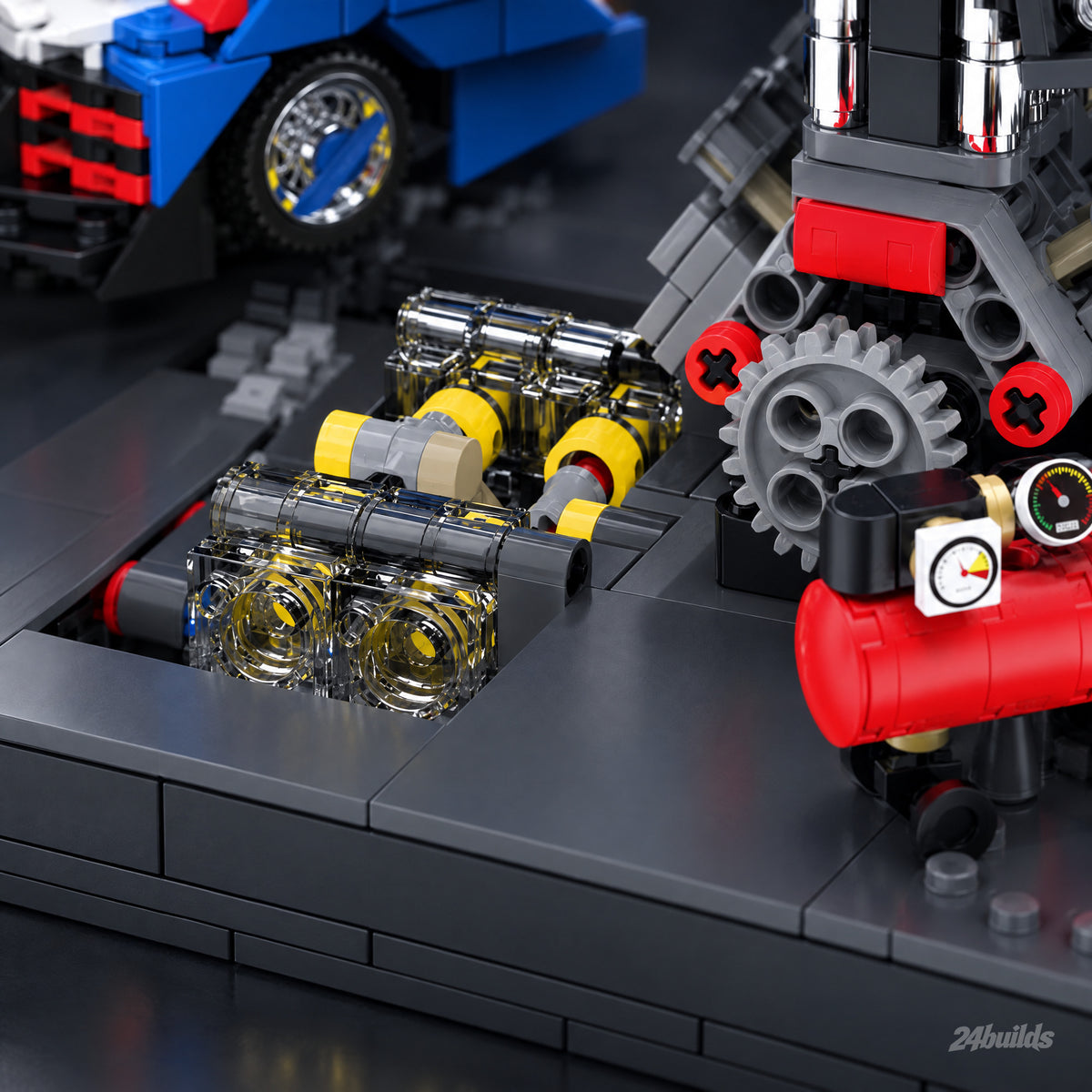 Cyber Racer Tuning Garage brick model, gear train in clear housings under the garage floor