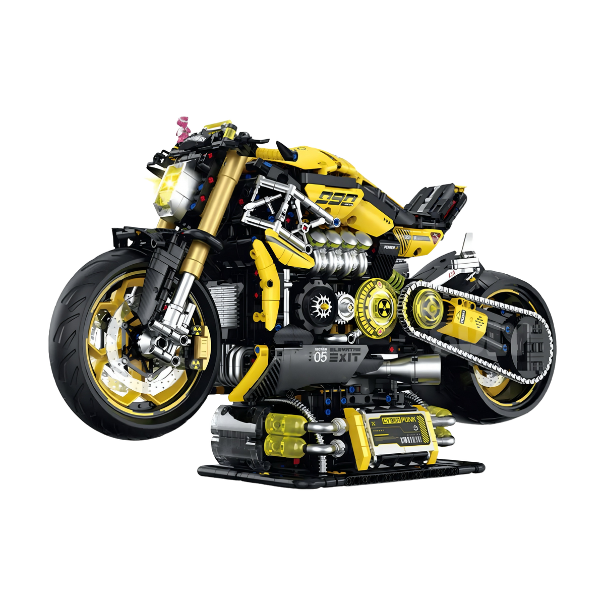 A yellow cyber motorbike with LED lights