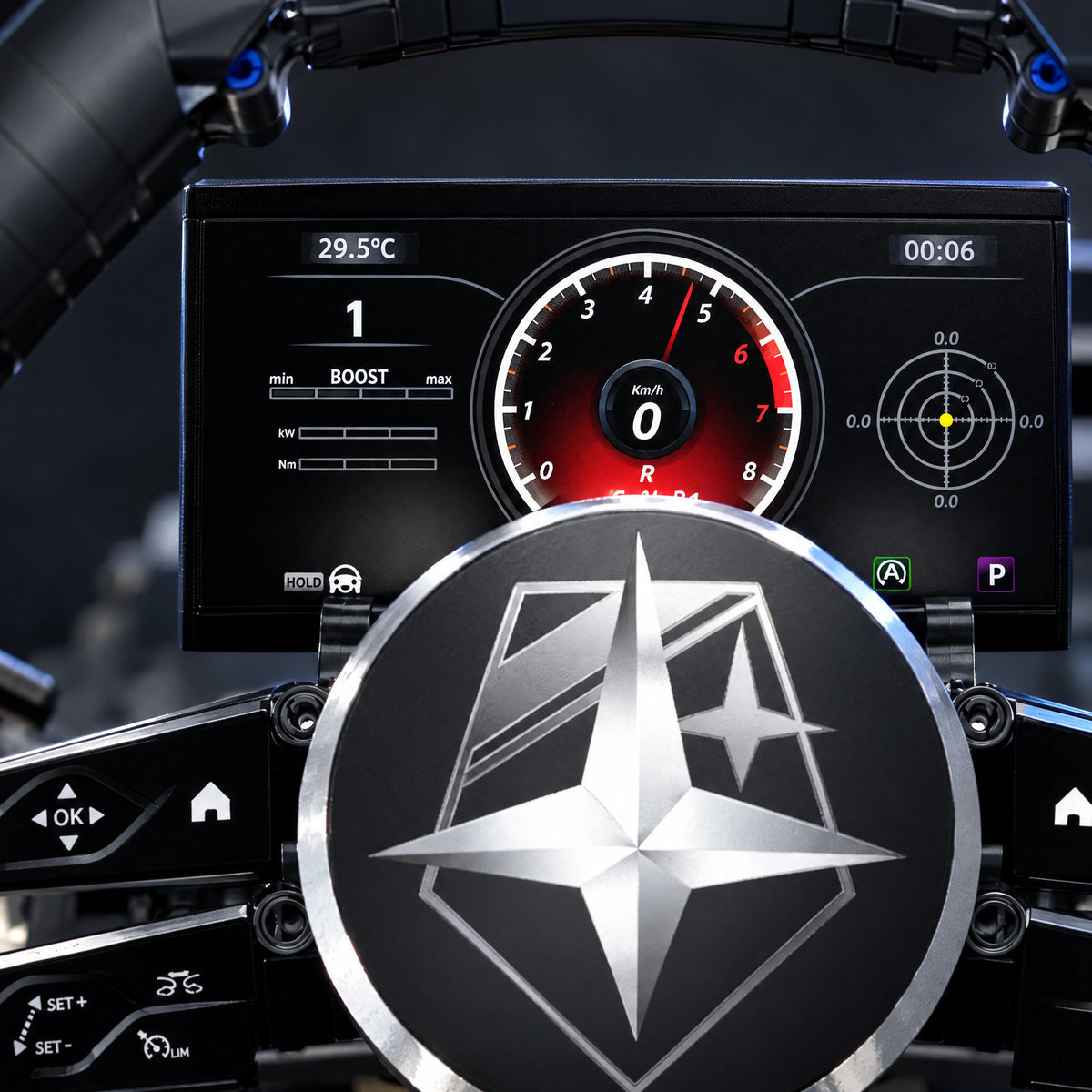 Digital Dash Racing Steering Wheel brick model, printed digital dash close-up