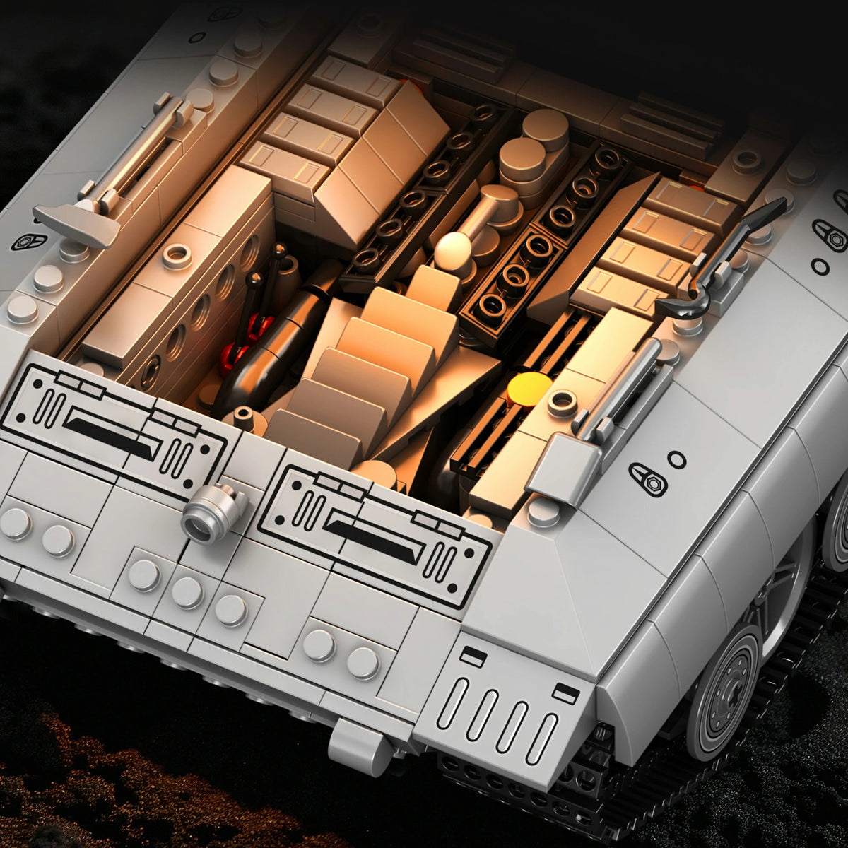 E-100 Super-Heavy Tank brick model, interior with the lids lifted off