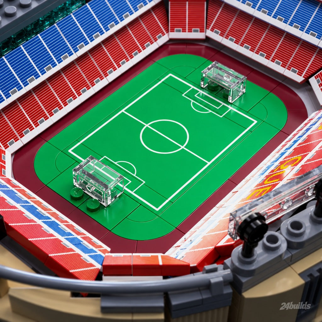 FC Barcelona Spotify Camp Nou brick model, green pitch and goals