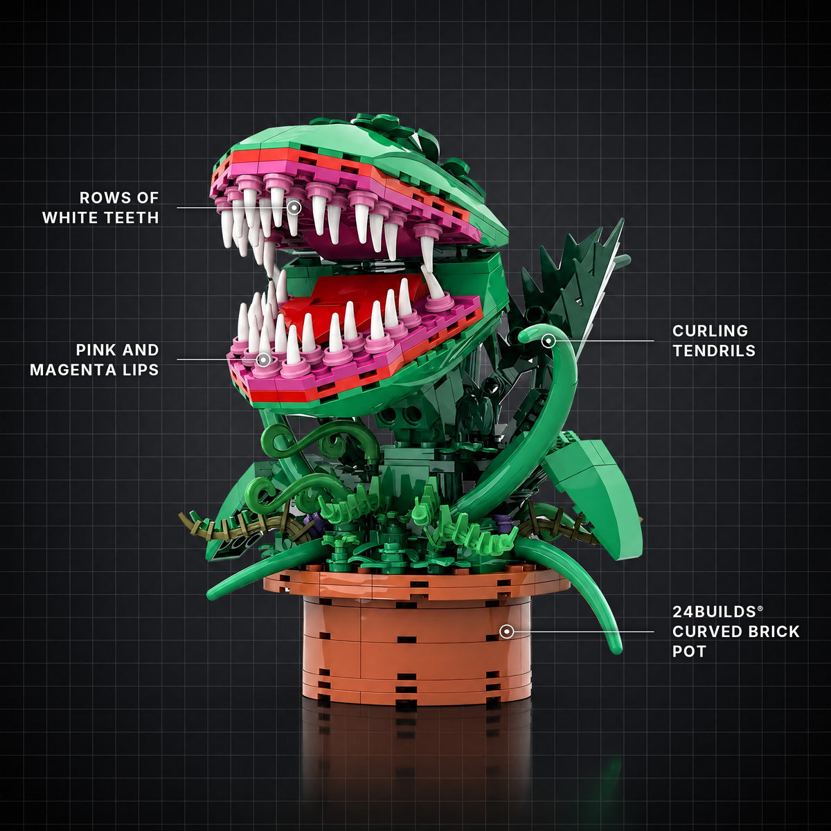 Giant Carnivorous Plant brick model with its key features labelled