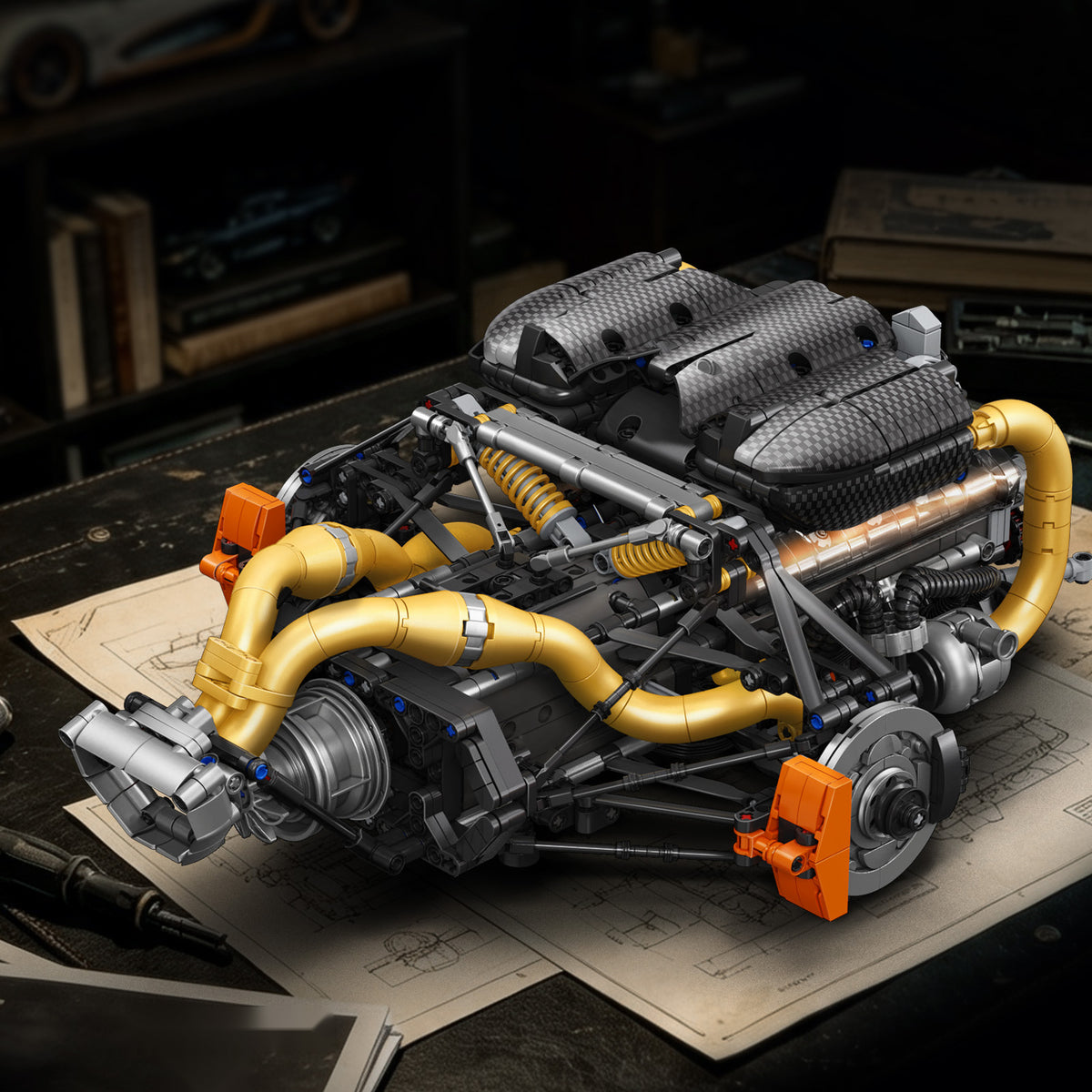 Gold Edition Motorised Swedish V8 Engine brick model