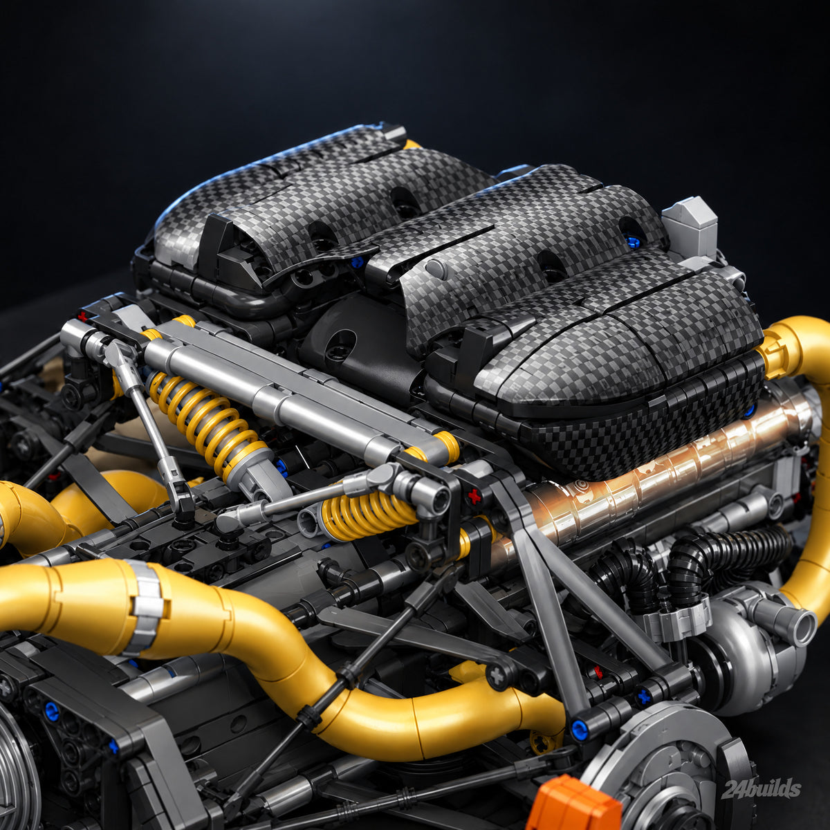 Gold Edition Motorised Swedish V8 Engine brick model, carbon-pattern covers and dampers