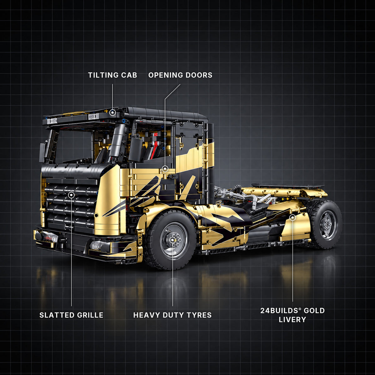 Gold Edition V8 Heavy-Duty Truck brick model with its key features labelled