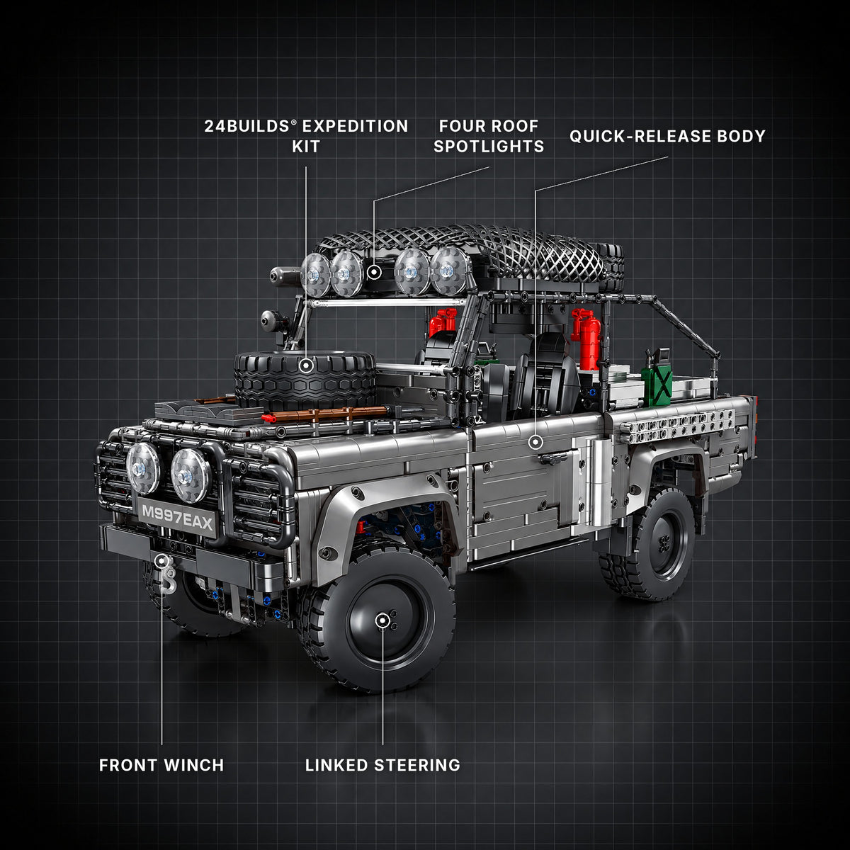 Gunmetal Edition British V8 Pick-Up Off-Roader brick model with its key features labelled