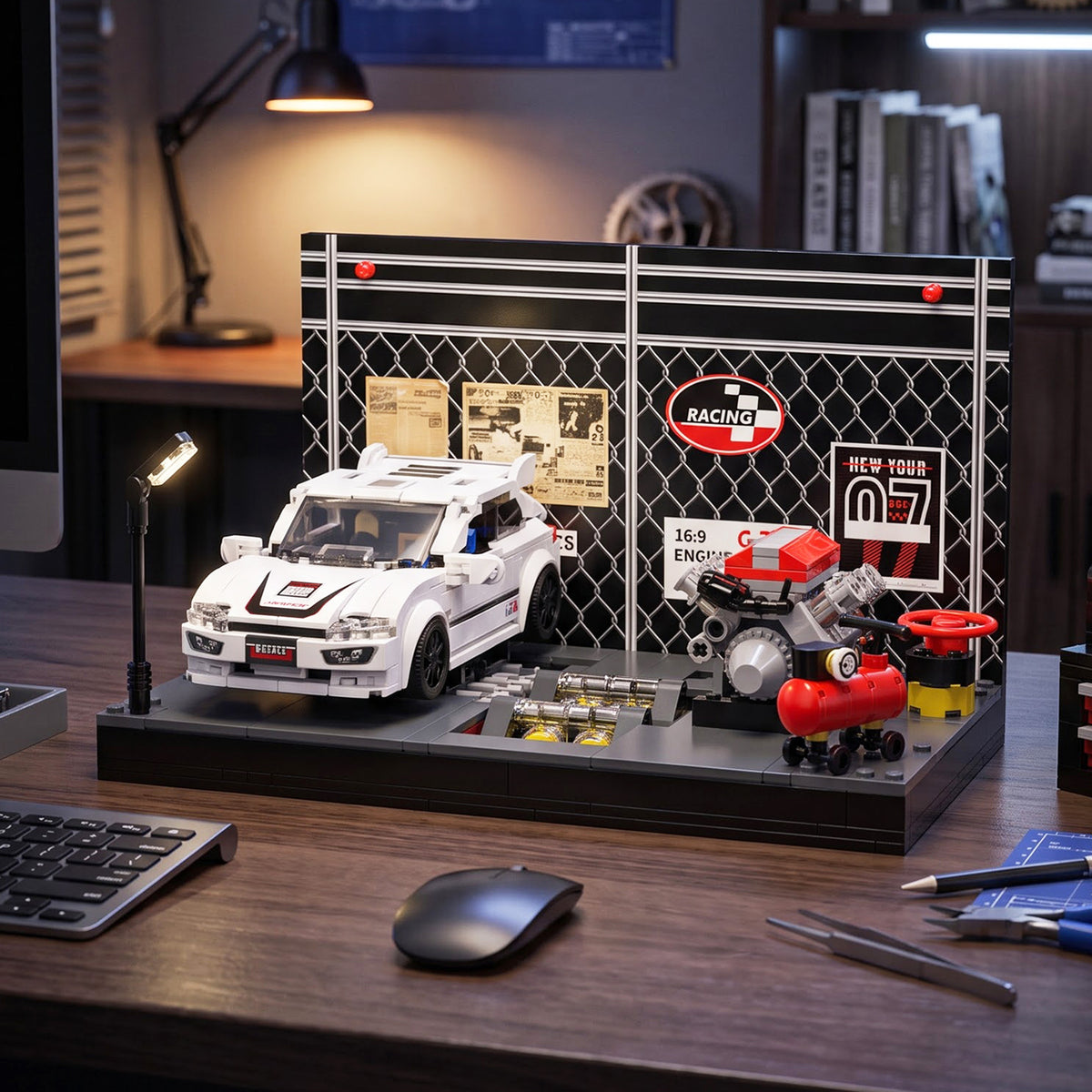 Hot Hatch Tuning Garage brick model on a desk in a home studio