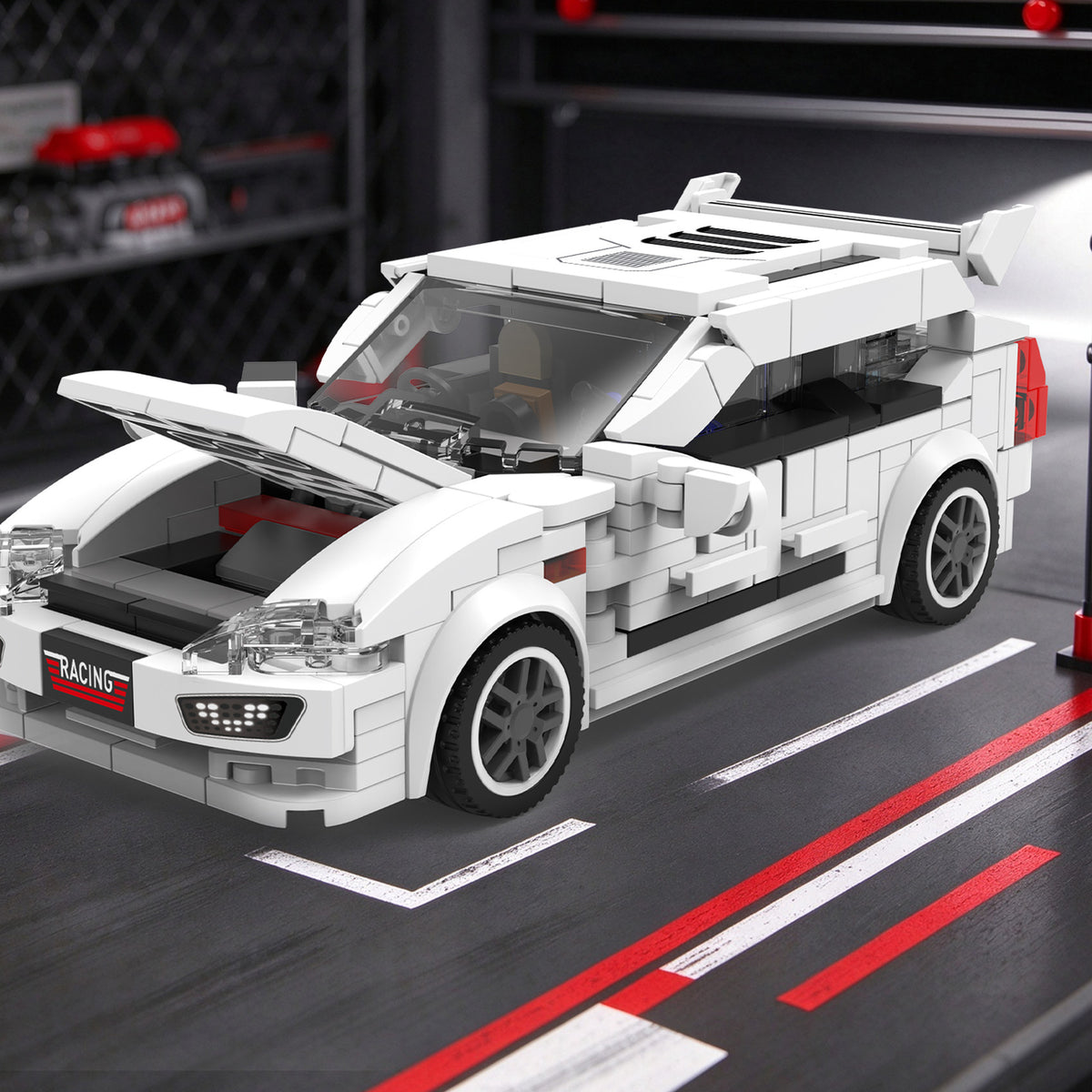 Hot Hatch Tuning Garage brick model, hot hatch with its bonnet open close-up