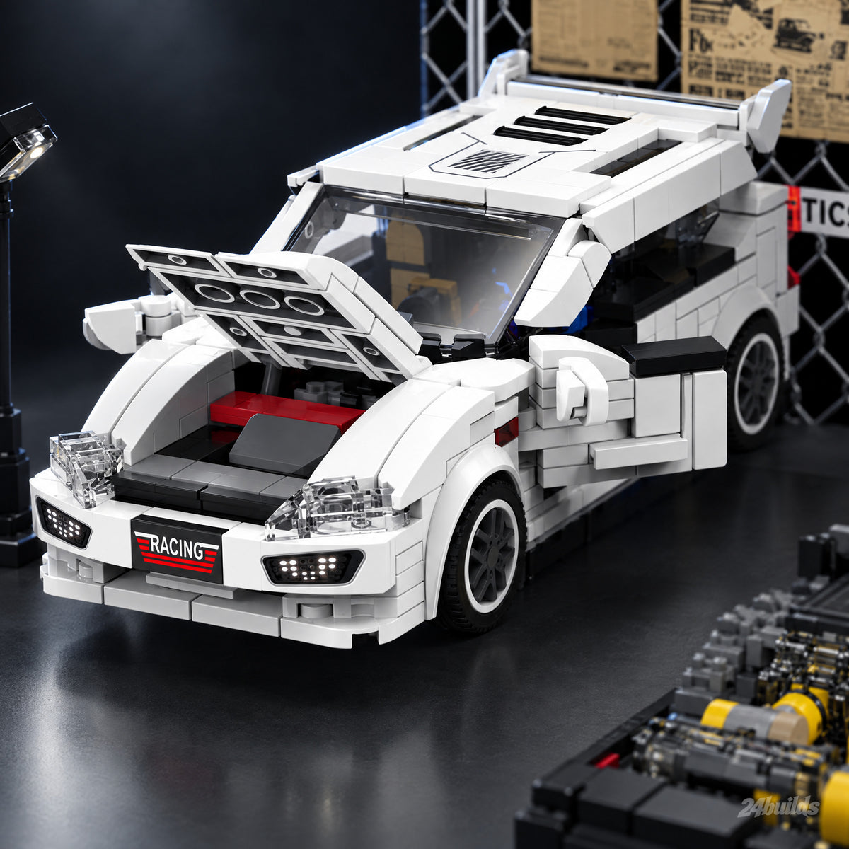 Hot Hatch Tuning Garage brick model, white hot hatch with bonnet and doors open