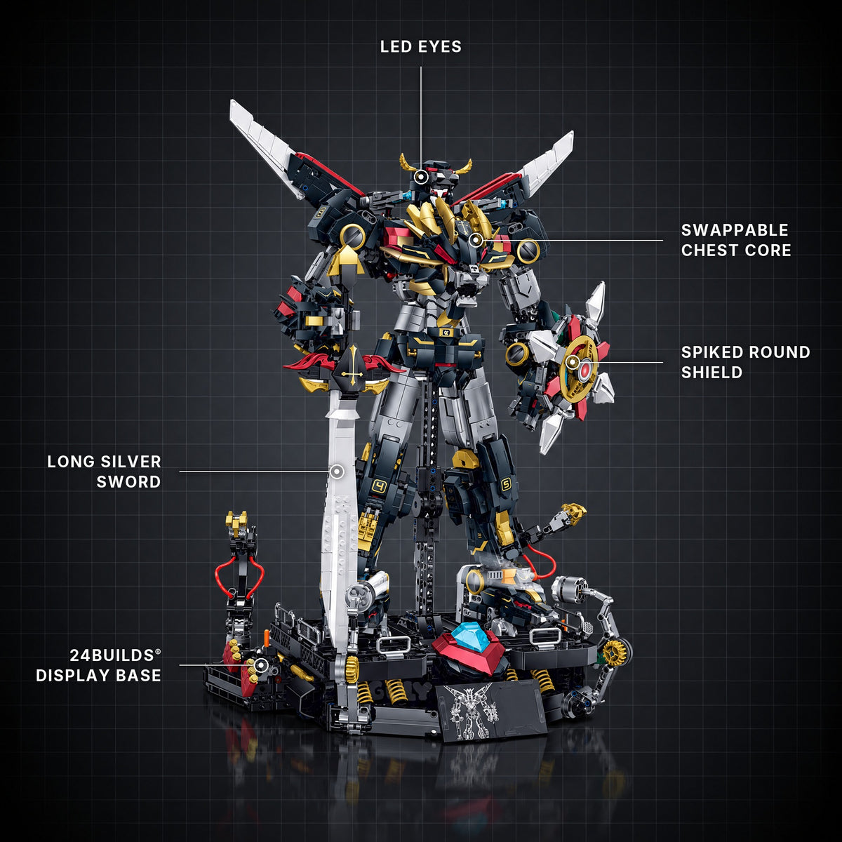 Ironclad Rex Lion Mech brick model with its key features labelled