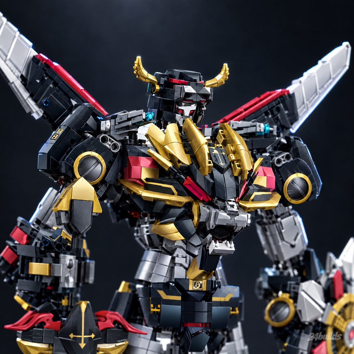 Ironclad Rex Lion Mech brick model, head, gold lion mane and wings close-up
