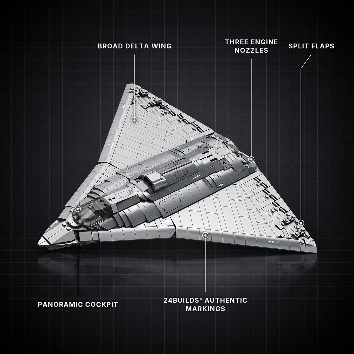 J-36 Fighter Aircraft brick model with its key features labelled