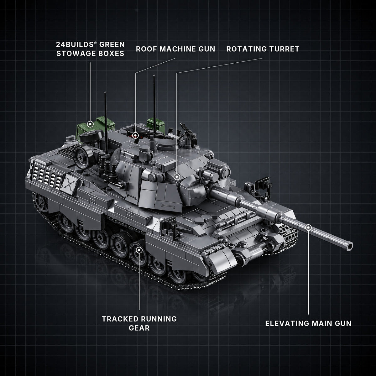 Leopard 1 Main Battle Tank brick model with its key features labelled