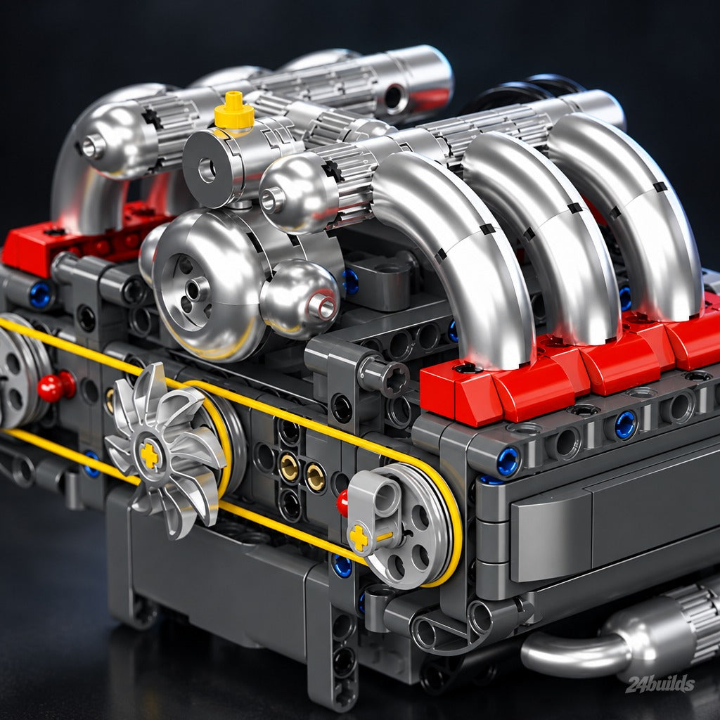 Motorised 6-Cylinder Engine brick model, chrome intake over red heads