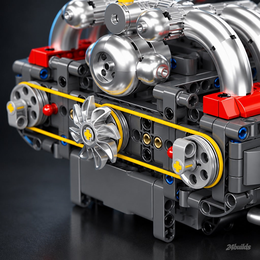 Motorised 6-Cylinder Engine brick model, timing belt and chrome fan