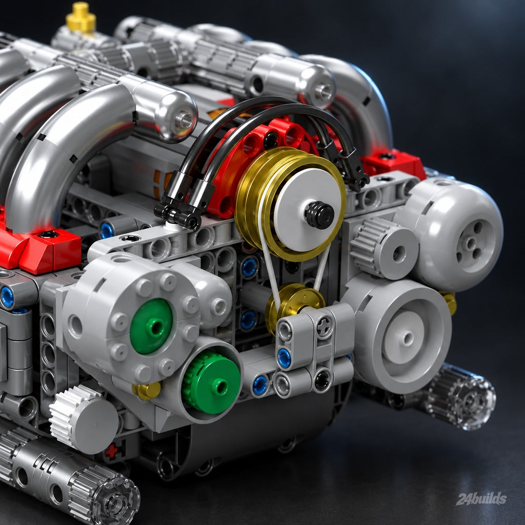 Motorised 6-Cylinder Engine brick model, front pulleys and alternator
